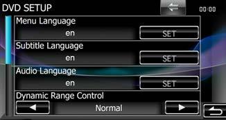 Skärmen Source SETUP Menu visas. 4 Tryck på [DVD SETUP] i listan. Skärmen DVD SETUP visas. 5 Ställ in varje funktion som följer. Menu/Subtitle/Audio Language* Se Språkinställning (s.28).