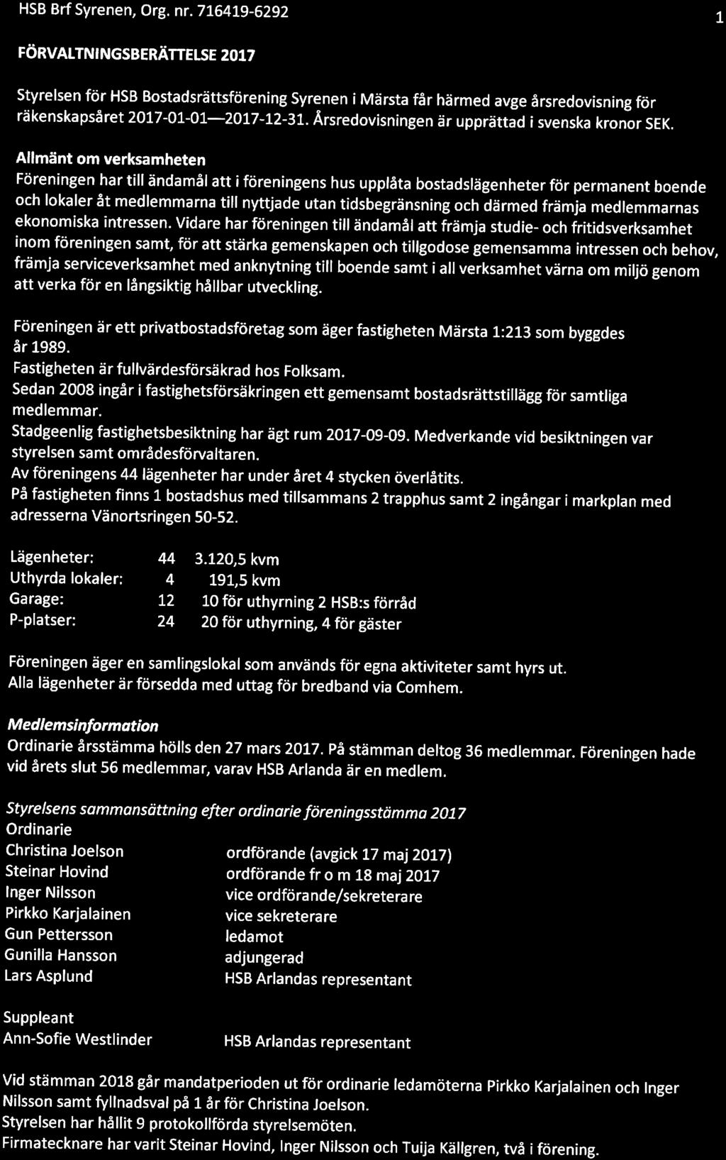 HSB Brf Syrenen, Org. nr. 716419-6292 l FÖRVALTNINGSBERÄTTELSE Styrelsen för HSB Bostadsrättsförening Syrenen i Märsta får härmed avge årsredovisning för räkenskapsåret -01-01--12-31.
