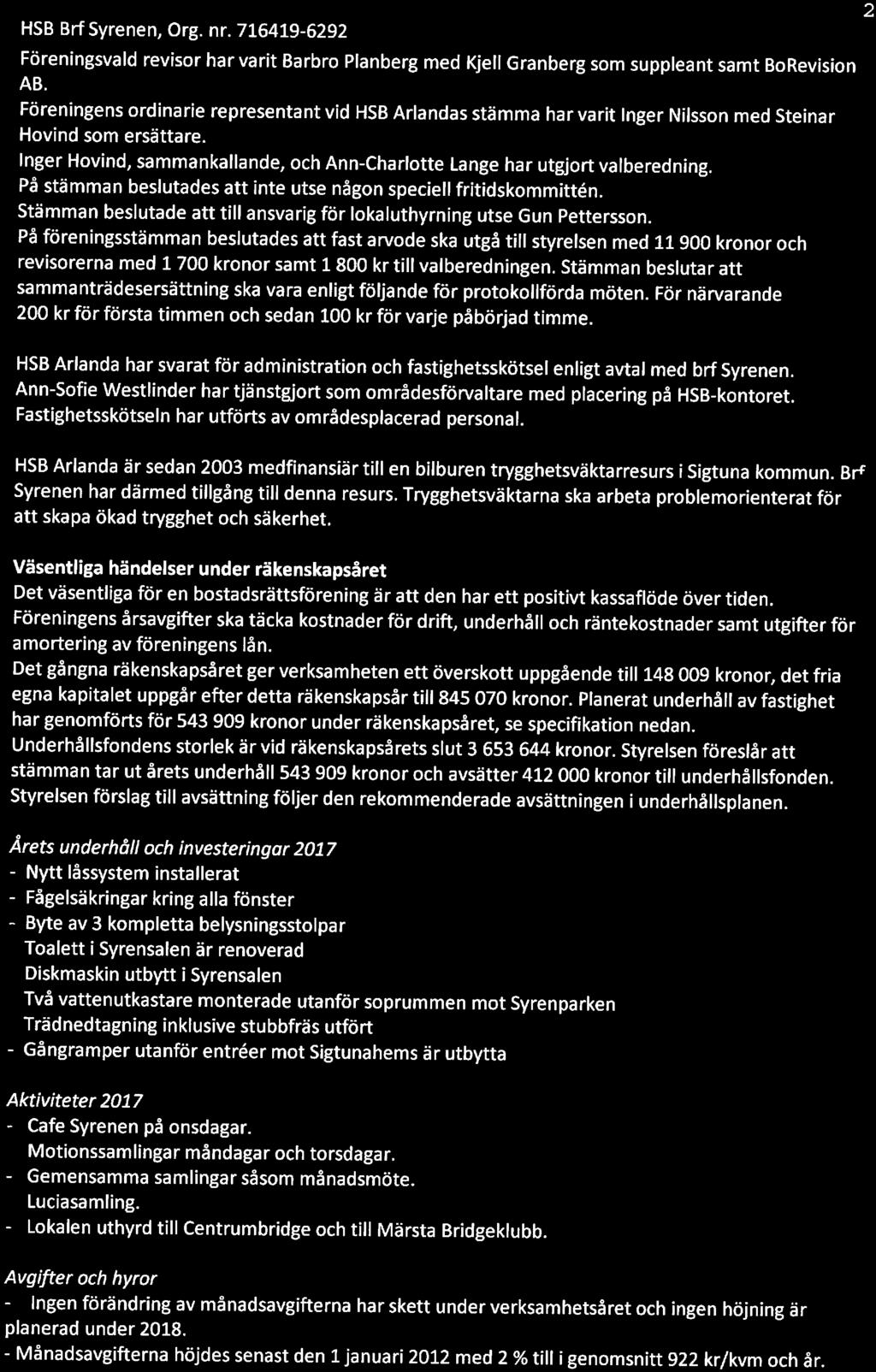 HSB Brf Syrenen, Org. nr. 716419-6292 Föreningsvald revisor har varit Barbro Planberg med Kjell Granberg som suppleant samt BoRevision AB.
