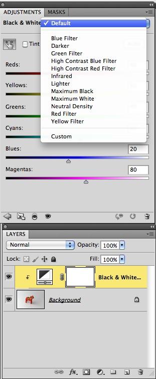 Flera alternativ av justeringslager. Här med Svartvitt/Black&White.