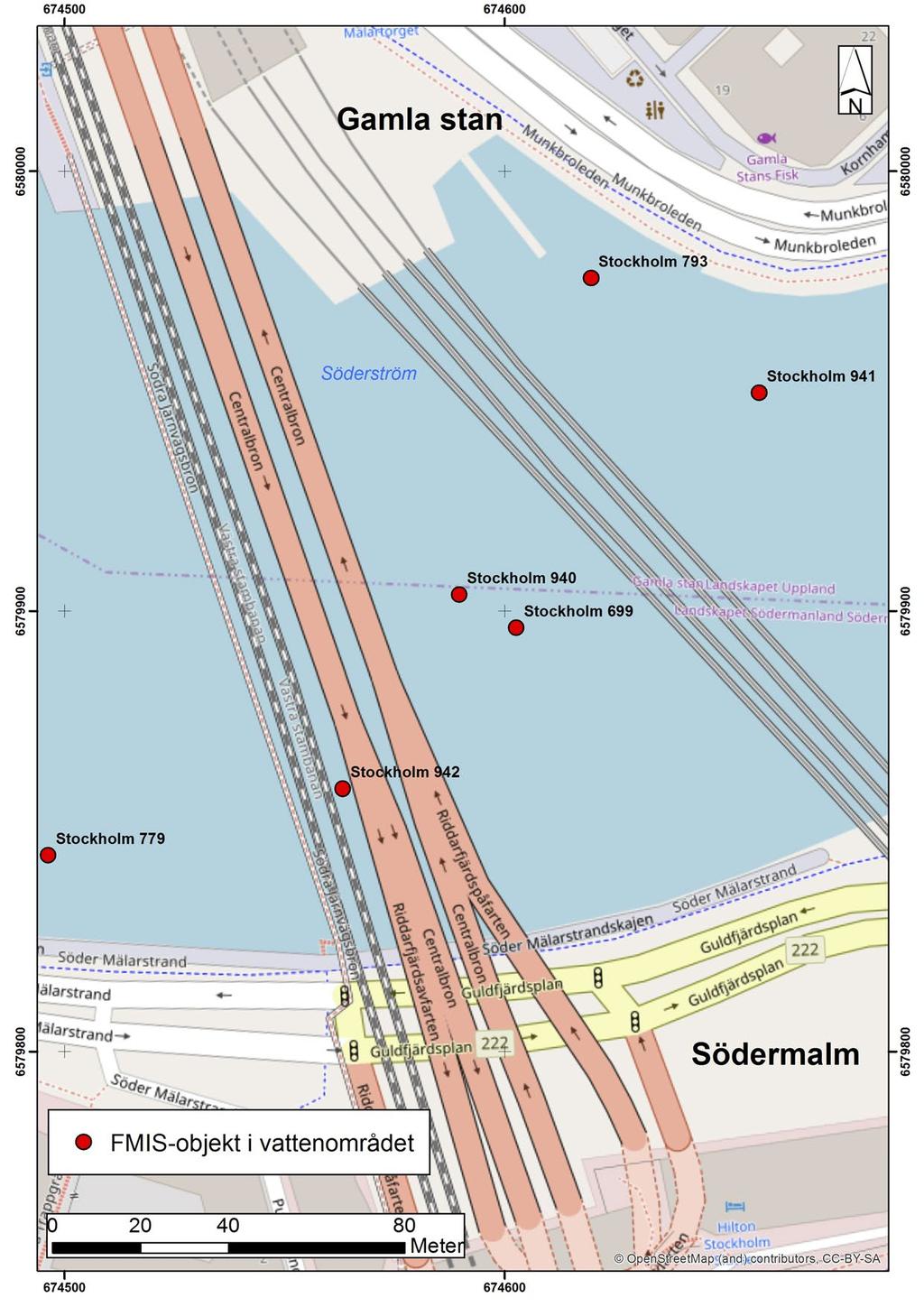 6 Figur 2. Kartan visar läget för de nu aktuella FMIS-objekten Stockholm 940 och 942 samt omkringliggande FMIS-objekt i vattenområdet.