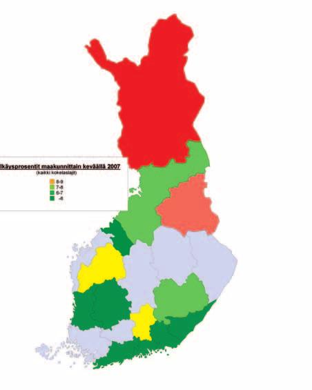 S T U D E N T E X A M E N 2 0 0 8 33 FIGUR 3.1.2 Andel underkända landskapsvis i studentexamen våren 2008. Andelen underkända varierade då mellan 1,6 procent för Åland och 10,3 procent för Lappland.