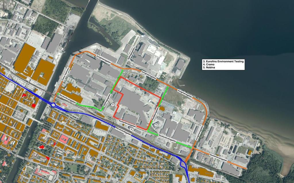 Figur 4.9. Transportleder för farligt gods. Lokala transportvägar i Östra hamnen (orange) och Rörstrandsgatan (blå).