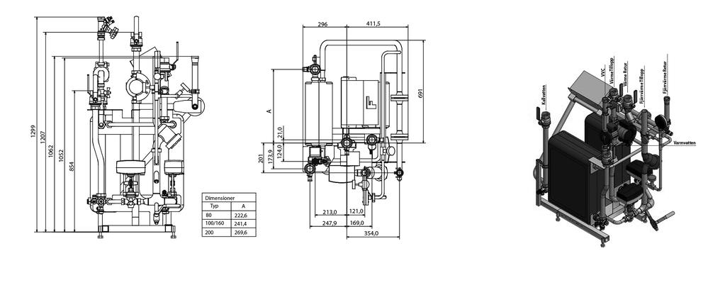 värmemätning,passbit med fläns DN25 L=260mm Dräneringsventil i primärkretsen Mått och vikt Vikt enhet, kg 80-110 Bredd, mm 800 Höjd, mm 1300 Djup, mm 600 Installation Enkel installation med