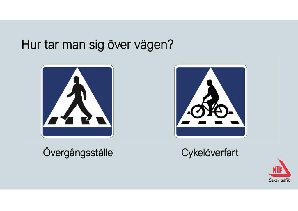 Bild 11. Hur tar man sig över vägen? Så här ser skyltarna ut för övergångsställe och cykelöverfart.