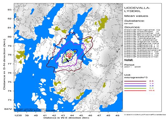 100 Figur 57 Årsmedelhalter av bensen i raffinaderiets omgivningar till följd av utsläppen från raffinaderiet. Den lila isolinjen anger 1,0 µg/m 3 (1000 ng/m 3 ).