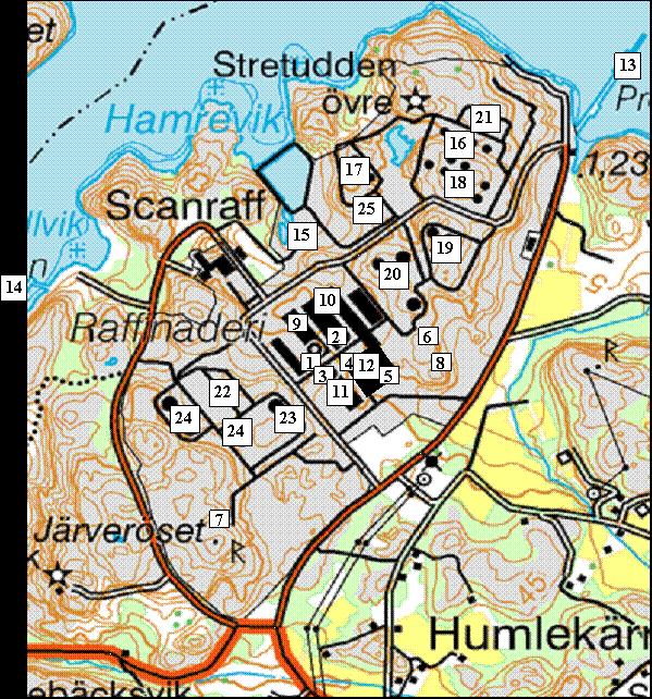 11 avloppsreningsverket (15) släpps det renade avloppsvattnet ut i Hamreviken, som är en vik i Brofjorden. LNG-terminalen finns vid (26). Vid LNG terminalen finns en säkerhetsfackla.