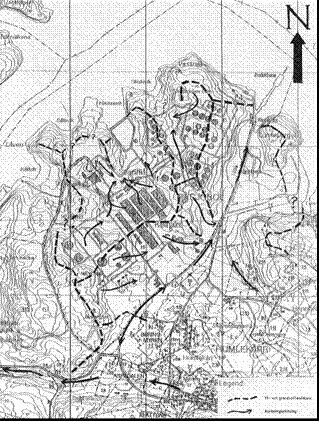 77 46 framgår hur avrinningen sker inom raffinaderiområdet. I figuren syns vattendelarna i området som streckade linjer. Figur 46 Flödesriktningar för yt- och grundvatten (Jordmiljö Nordic AB). 5.