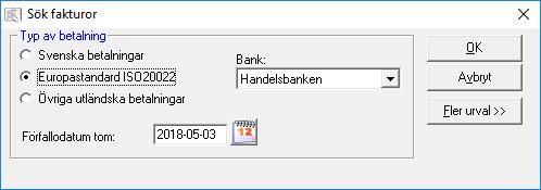 Skapa betalningsorder När du ska skapa filen väljer du som tidigare Bearbeta - Leverantörsreskontra - Skapa betalorder (Affärssystem: Bearbeta - Reskontra - Leverantör - Skapa betalningsorder).