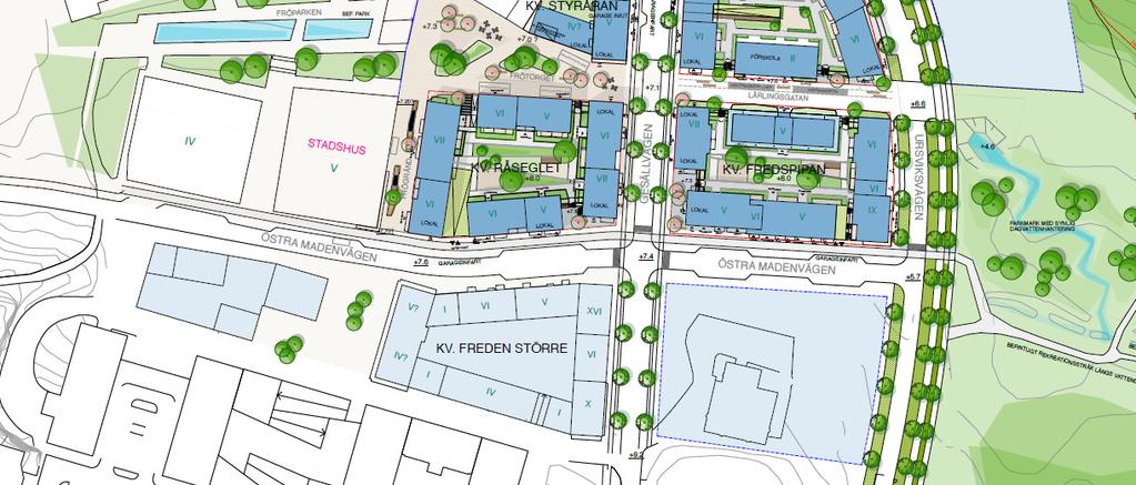 I Skanskas projekt ingår även en kontorsbyggnad som är planlagd sedan tidigare. Illustration över Sundbyparks förslag till detaljplan och kontorsbyggnaden i befintlig detaljplan. 1.