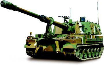 Mark 155 mm bandhaubits K9 Thunder med stödfordon Samsung Techwin är en sydkoreansk tillverkare av ett artillerisystem som omfattar tre fordon; bandhaubitsen K9 Thunder, ammunitionspansarbandvagnen