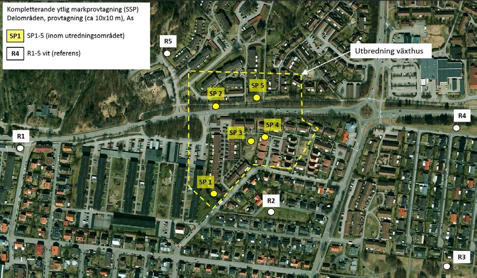 Varbergs kommun Sid 9 (19) 1116-033 Figur 6. SSP provtagning inom tio egenskapsområden, innanför respektive utanför de område där växthusen tidigare låg.