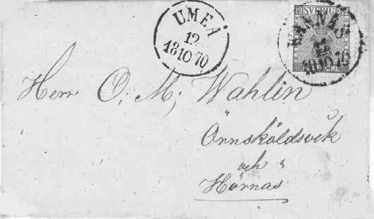 Frankokuvert 12 öre skickat från Malå den 5 november 1878 till Stockholm. Transitstämpel Skellefteå den 7 november 1878.