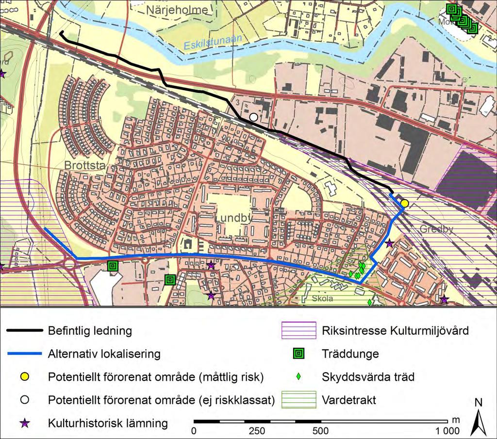 Figur 4.3. Befintlig ledning och alternativ lokalisering samt berörda intressen.