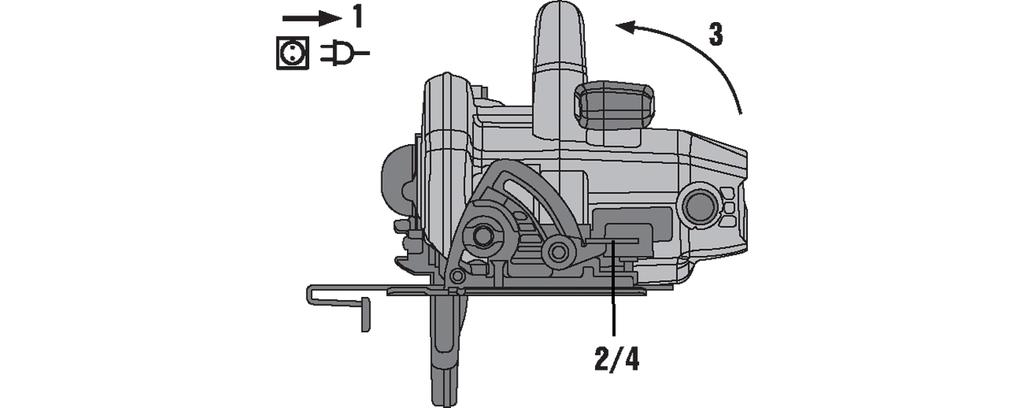 5.3 Ställa in snittdjup 1. Dra ut elkontakten ur uttaget. 2. Ställ cirkelsågen på ett underlag. 3. Lossa snittdjupsinställningens klämspak. 4.
