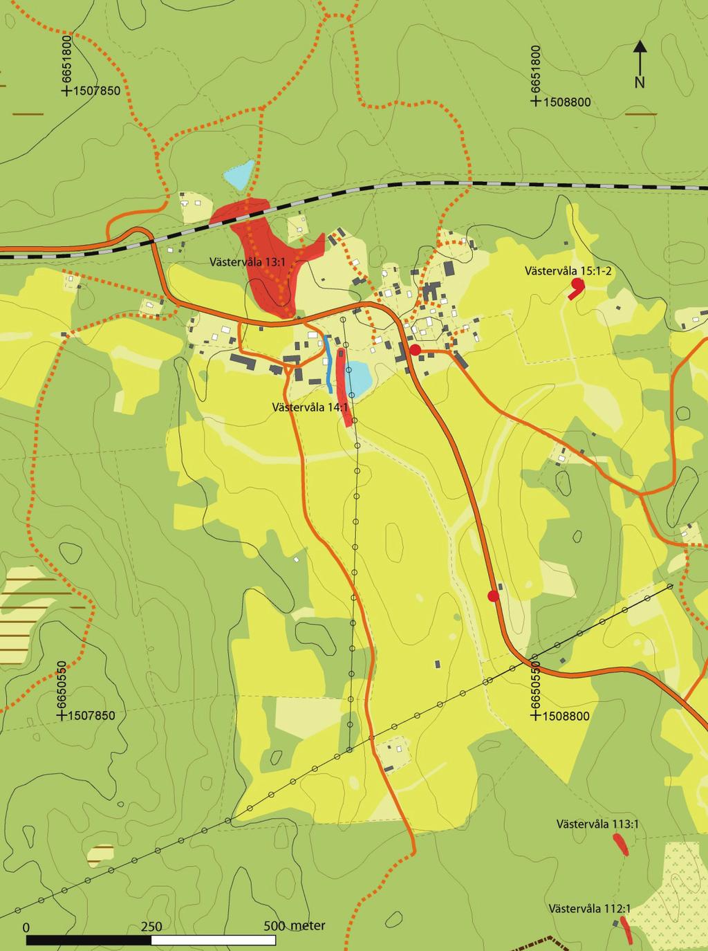 Figur 2. Utdrag ur den digitala fastighetskartan. Undersökningsområdet inom hyttområdet Västervåla 14 är markerat med blå linje.