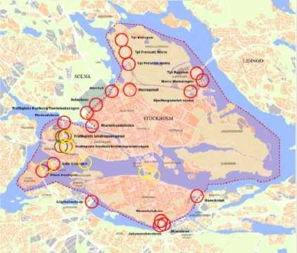 Figur 5: Karta över placering av de nya betalstationerna för Essingeleden (grön) samt Saltsjö-Mälarsnittet (gul).