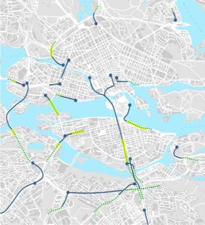 Figur 6: Förändring av köer vid viktiga flaskhalsar, förmiddag 2020. Gröna prickade linjer = köer som försvinner med scenario C, blå = köer som blir kvar.