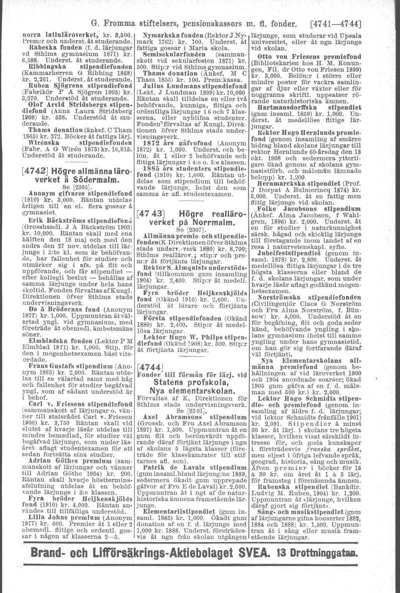 G. Fromma stiftelsers, pensionskassors m. tl, fonder. [4741-4744] [4742J Högre allmänna läroverket ~ Södermalm. Se [2305]. Anonym gifvares stipendiefond (1910) kr. 3,000.