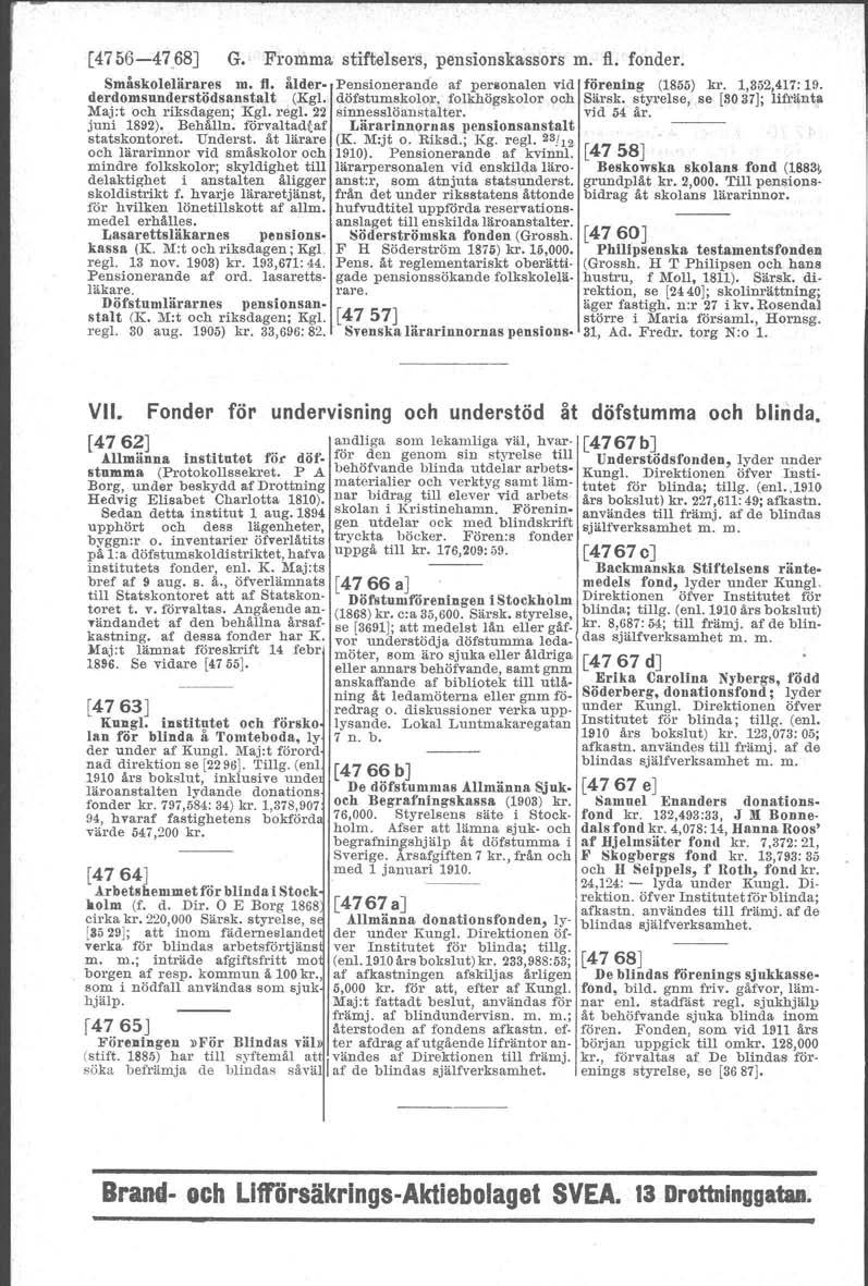 [4756-4768] G. Fromma stiftelsers, pensionskassors m. fl. fonder. Småskolelärares m. fl. ålder. Pensionerande af personalen vid förening (1855) kr. 1,352,417:19. derdomsunderstödsanstalt (Kg!