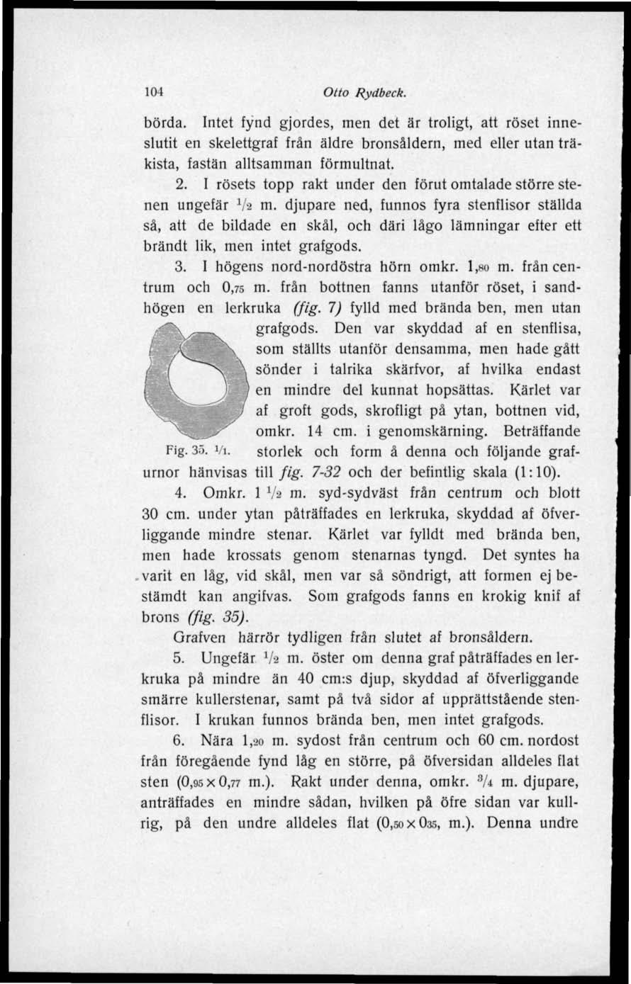 104 Otto Rydbeek. börda. Intet fynd gjordes, men det är troligt, att roset inneslutit en skelettgraf från äldre bronsåldern, med eller utan träkista, fastän alltsamman förmultnat. 2.