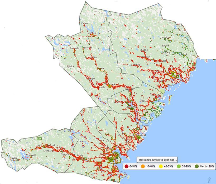 Kartan visar andel med tillgång till bredband om minst 100 Mbit/s Mobiltelefoni PTS mobiltäckningskarta från mobiltäckningskarta 2016 visar 4G-nät som medger 10 Mbit/s år 2016 samt förändringen sedan