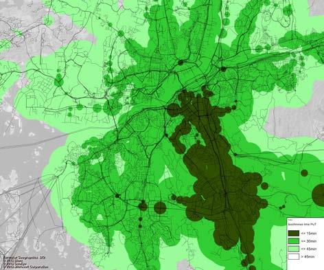 Isokronkartorna visar med olika färger hur långt en resenär kommer inom en viss tid från Knutpunkt Mölndalsbro idag jämfört med år 2035.