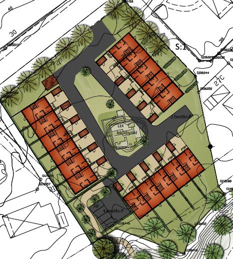 Möjlig kvarterstruktur Planerade radhus väntas uppföras med pulpettak för att ge låga lutningar som ska framhäva byggnadernas kubistiska form och ge husen ett stilrent uttryck.