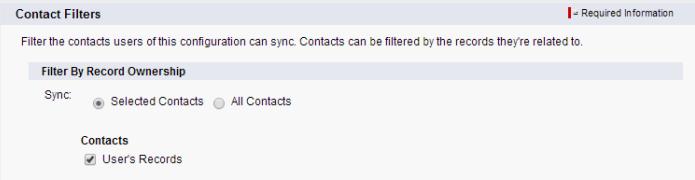 Användarguide Hantera molnbaserad e-postintegration 314 Låt användare synkronisera alla kontakter de kan se i Salesforce - välj Alla kontakter. Ställ in ytterligare synkroniseringsfilter om du vill.