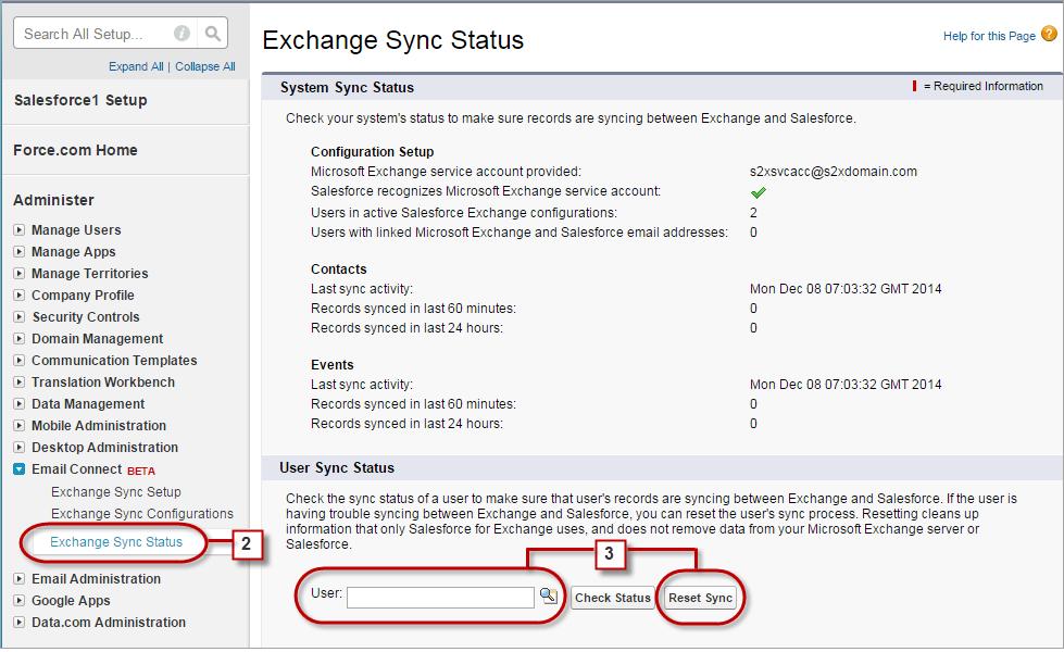 Återställ synkronisering för Exchange Sync-användare Om en användare har problem med att synkronisera Microsoft Exchange och Salesforce kan du återställa användarens synkroniseringsprocess.