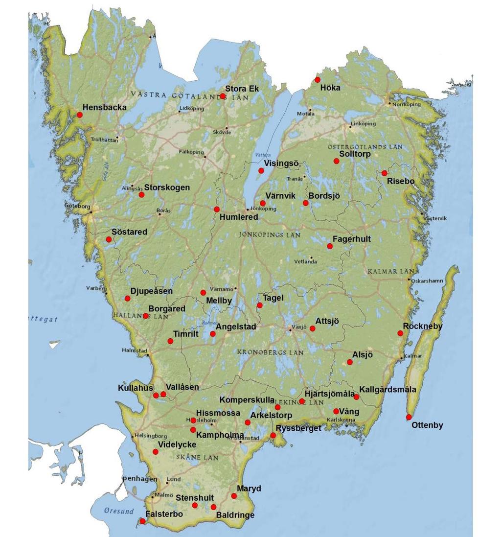 4 Tillståndet i skogsmiljön i södra Sverige I södra Sverige gjordes mätningar på 37 platser i åtta län under 2015/16 (Figur 16). Figur 16.