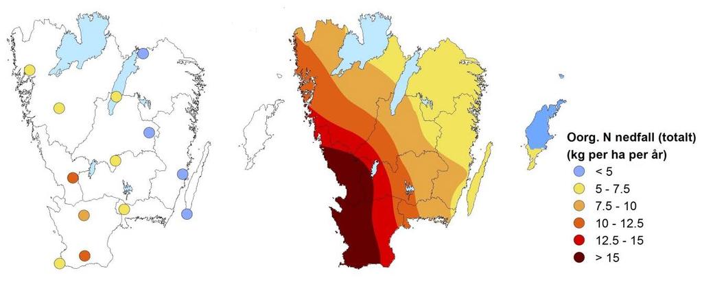 Figur 24. Årligt nedfall av oorganiskt kväve som våtdeposition med nederbörden till öppet fält vid fem mätplatser i södra Sverige sedan mätstart vid respektive plats.