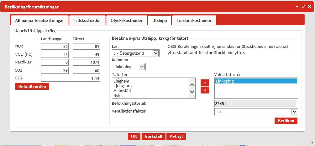 4.4.7.1. Fliken Utsläpp Under fliken Utsläpp är det möjligt att beräkna tätortsutsläppen för ett specifikt län eller kommun.