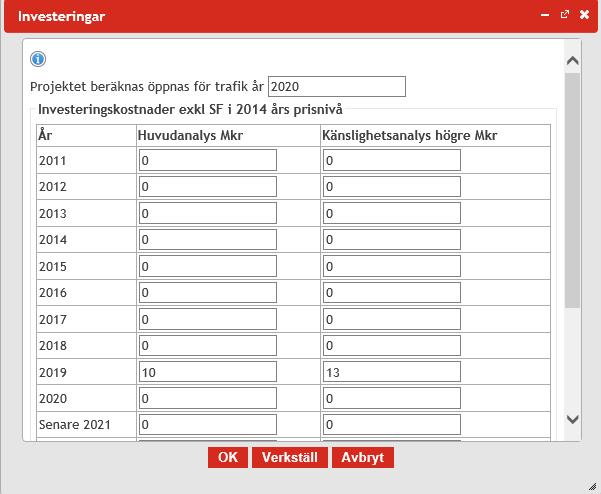4.4.10. Investeringar I detta verktyg anges projektets investeringskostnader fördelat på ett eller flera byggår. Högst upp i fönstret kan du fylla i vilket år projektet beräknas öppnas för trafik.