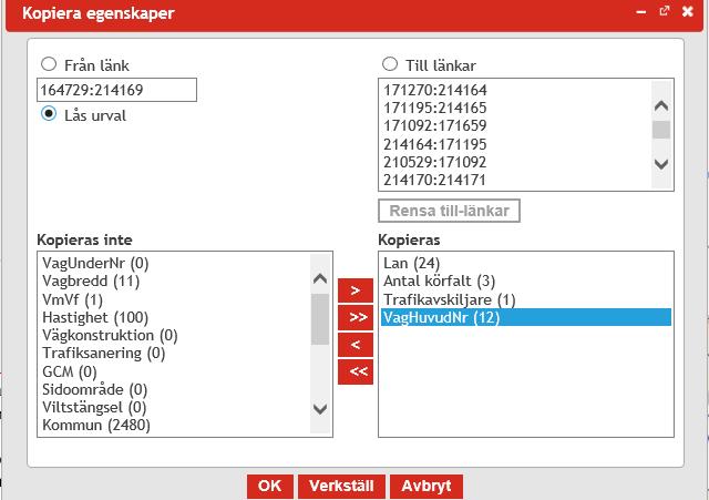 4.7.2. Kopiera länkegenskaper i aktivt vägnät I detta verktyg går det att kopiera information från en länk till en annan.