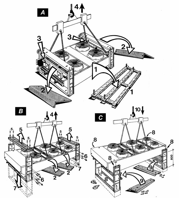 För ned benen enligt (7). Fäst benen i ny position (8) med stagningar (9). Placera enheten på plats (10).