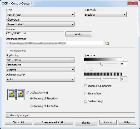 Skanna med datorn Skanna till OCR 6 Med Skanna till OCR kan du skanna och konvertera ett dokument till text som kan redigeras i valfritt ordbehandlingsprogram. Du kan ändra standardordbehandlare.