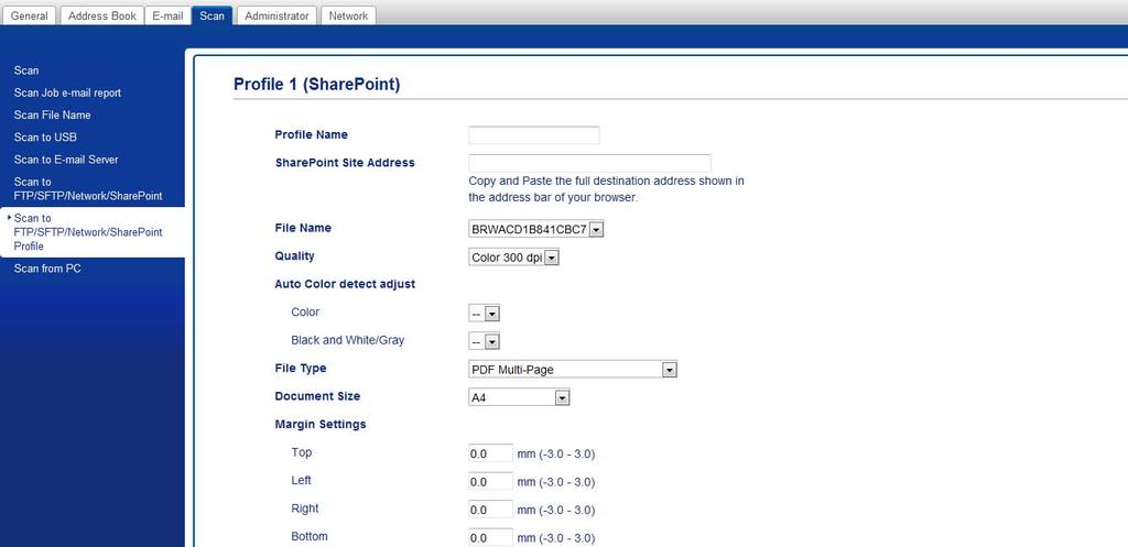 Skanna med kontrollpanelen Konfigurera en Skanna till SharePoint-profil 7 1 Klicka på fliken Scan (Skanna).