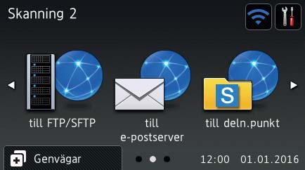 Följande skärmar visar skannerns status när den är i beredskapsläge: 1 1 2 Skanning 1-skärmen Skanning 1-skärmen ger åtkomst till skanningsfunktioner som Skanna till webben, Skanna till PC, Skanna