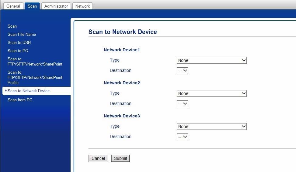 Allmän information 2 Fönstret för webbaserad hantering visas. Alternativet Scan to Network Device (Skanna till nätverksenhet) visas bara om du väljer LAN i anslutningsgränssnittet under installation.