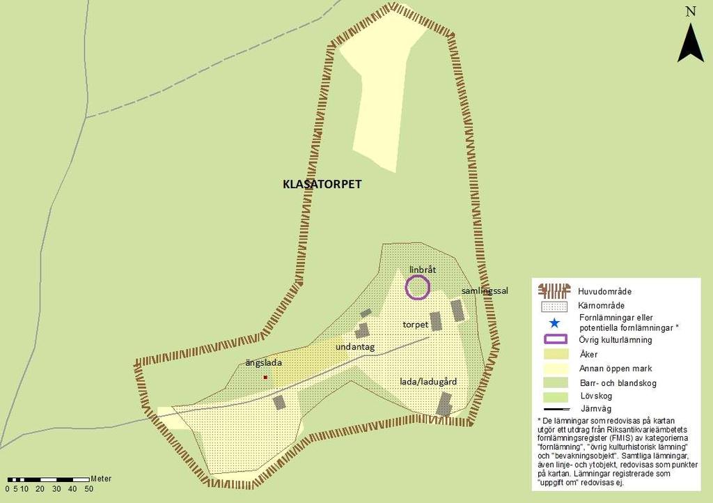 Klass 1 Skogslandets jordbruk: Torpmiljö med koppling till prästgården, idag med ålderdomliga byggnader och bevarad linugn/bråtugn (lingrav) (stensatt grop).