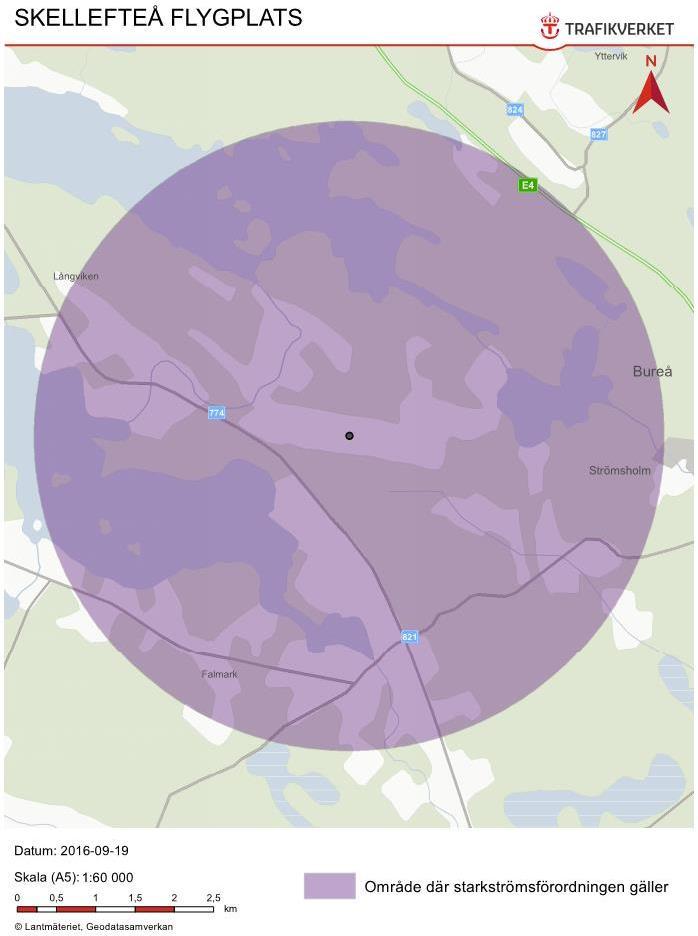 6.7 Luftledningar för starkström Enligt Starkströmsförordning (2009:22) får luftledningar för starkström inte anläggas närmare än 4 km från en flygplats referenspunkt 39 eftersom