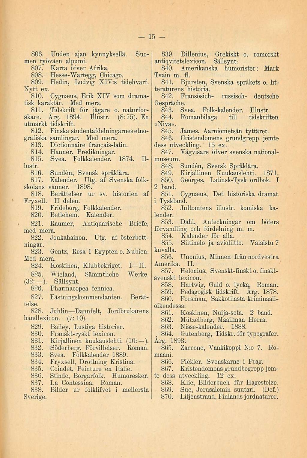 15 Med mera. 806. Uuden ajan kynnyksellä. Suomen työväen alpumi. 807. Karta öfver Afrika. 808. Hesse-lVartegg, Chicago. 809. Hedin, Nytt ex. Ludvig XIV:s tidehvarf. 810.