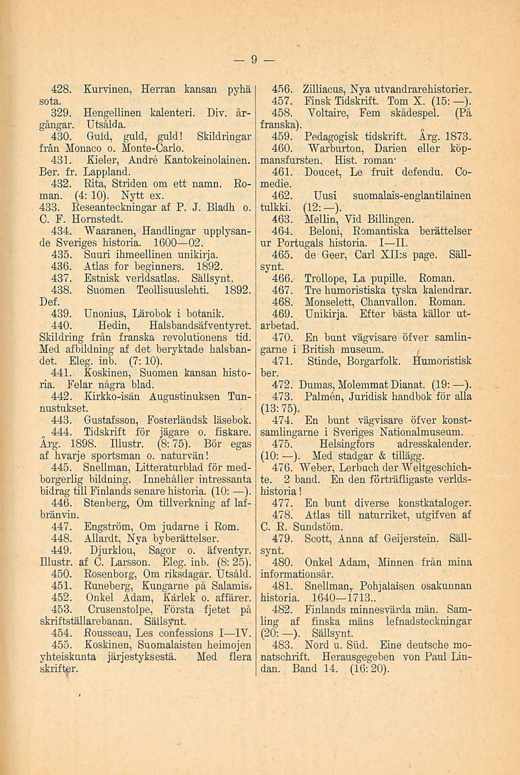 428. Kurvinen, Herran sota. kansan pyhä 329. Hengellinen kalenteri. Div. årgångar. Utsålda. 430. Guld, guld, guld! Skildringar från Monaco o. Monte-Carlo. 431. Kieler, Andre Kantokeinolainen. Ber. fr. Lappland.