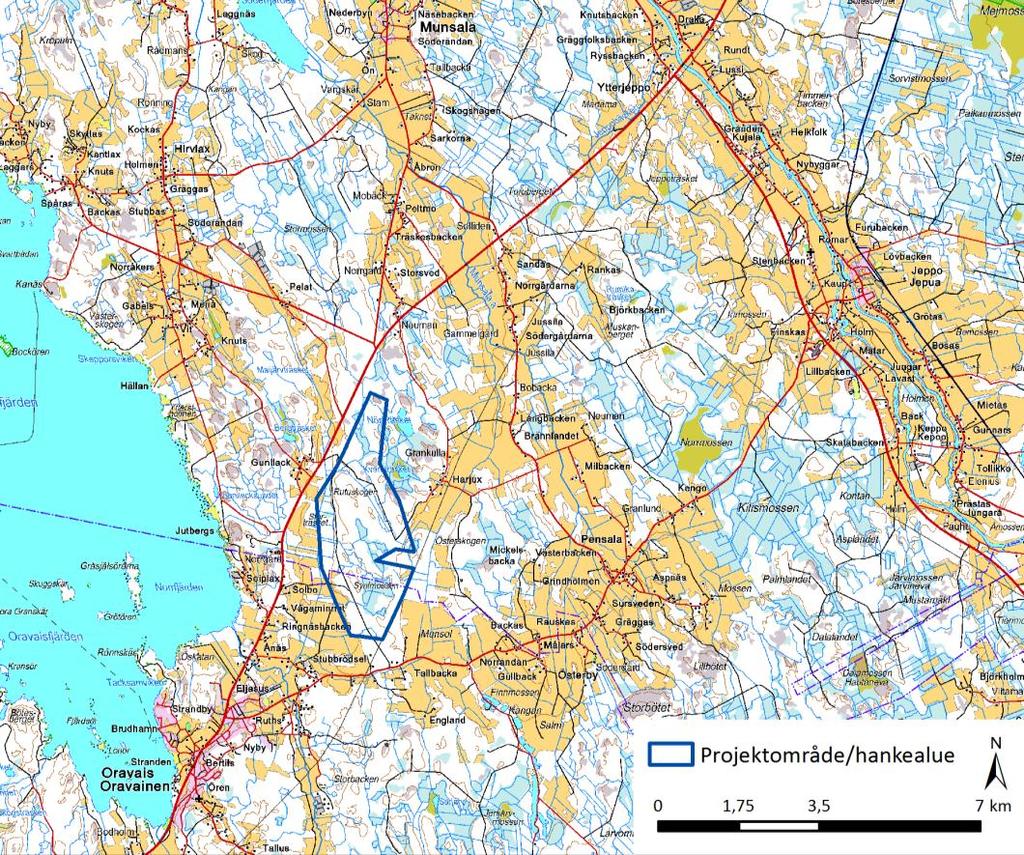 Svevind Oy Ab Sandbacka vindkraftpark 11 4.3 Placering av vindkraftverk 4.4 Vindkraftverk Figur 6. Projektområdet Sandbacken Vindkraftsparkens tekniska planering är tämligen lång gången.