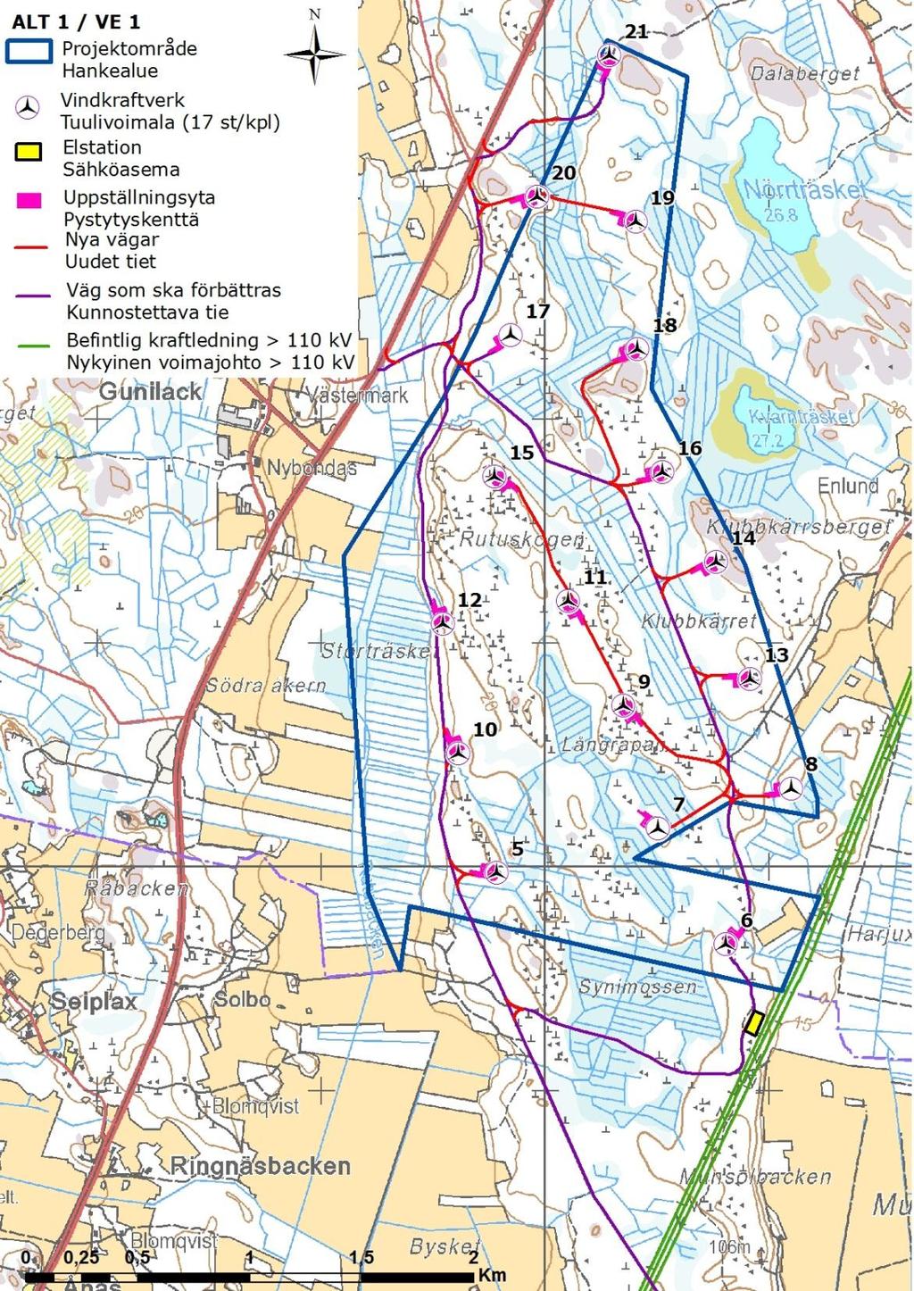 Svevind Oy Ab Sandbacka vindkraftpark 20 Figur 14. Sandbacka vindkraftpark i Nykarleby enligt alternativ 1. 5.