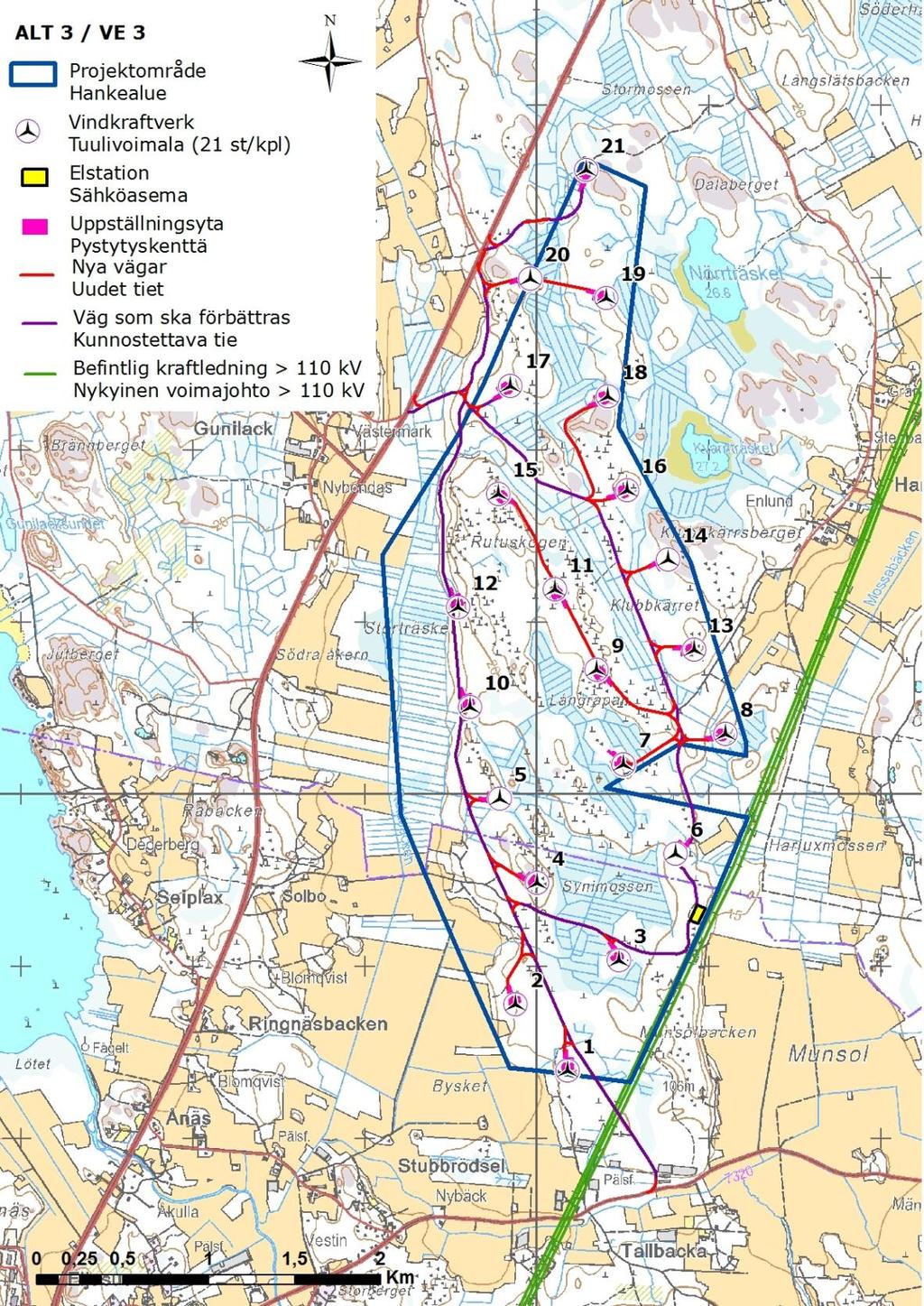 Svevind Oy Ab Sandbacka vindkraftpark 22 Figur 16. Sandbacka vindkraftpark både på Nykarlebys och Vörås område enligt alternativ 3. Tabell 3.