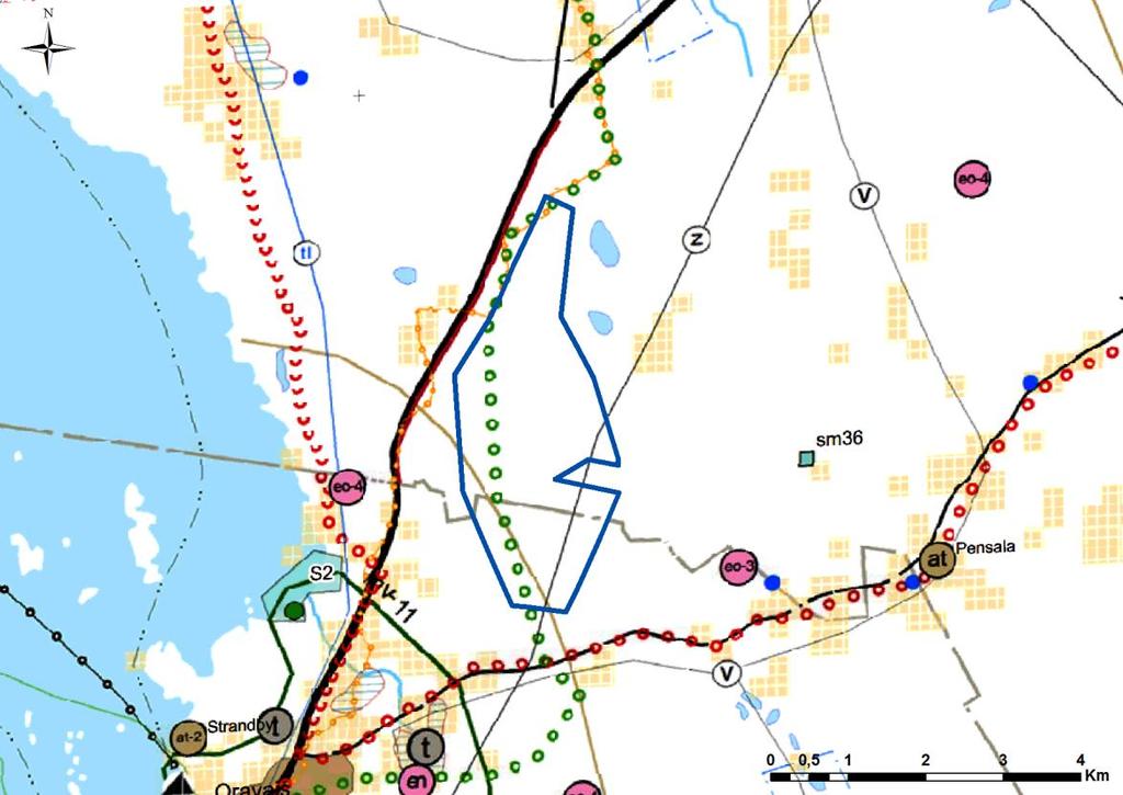 Svevind Oy Ab Sandbacka vindkraftpark 32 Figur 21. Riktgivande placering av Sandbacka projektområde i förhållande till Österbottens landskapsplan (Österbottens förbund 2010).