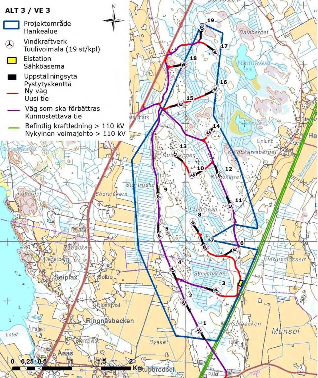 SVEVIND OY AB SANDBACKA VINDKRAFTSPARK 33 (224) 6.3.3 Alternativ 3: En vindkraftpark både i Nykarlebys och Vörås område I alternativ 3 byggs en vindkraftpark i hela Sandbackas projektområde.
