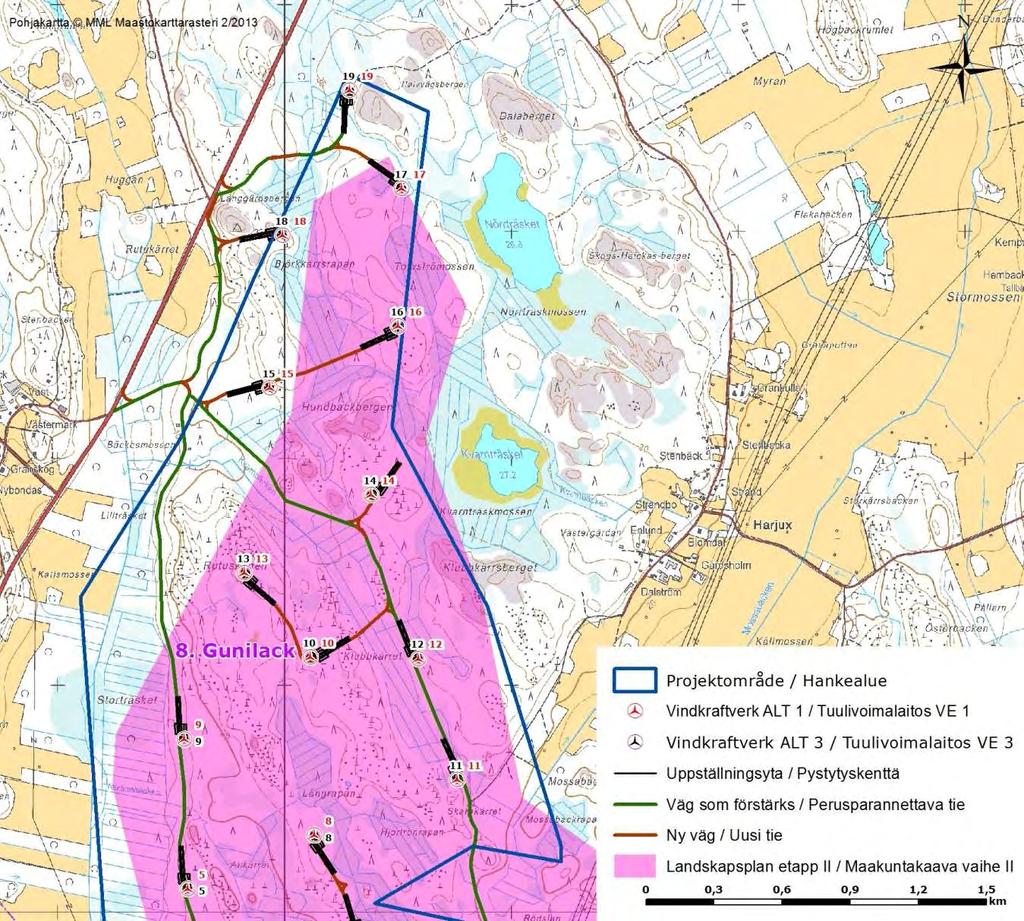 SVEVIND OY AB SANDBACKA VINDKRAFTSPARK 66 (224) Figur 10-9. Vindkraftverkens placering i alternativ 1 och 3 i förhållande till förslaget till Etapplan II och området Gunilack.